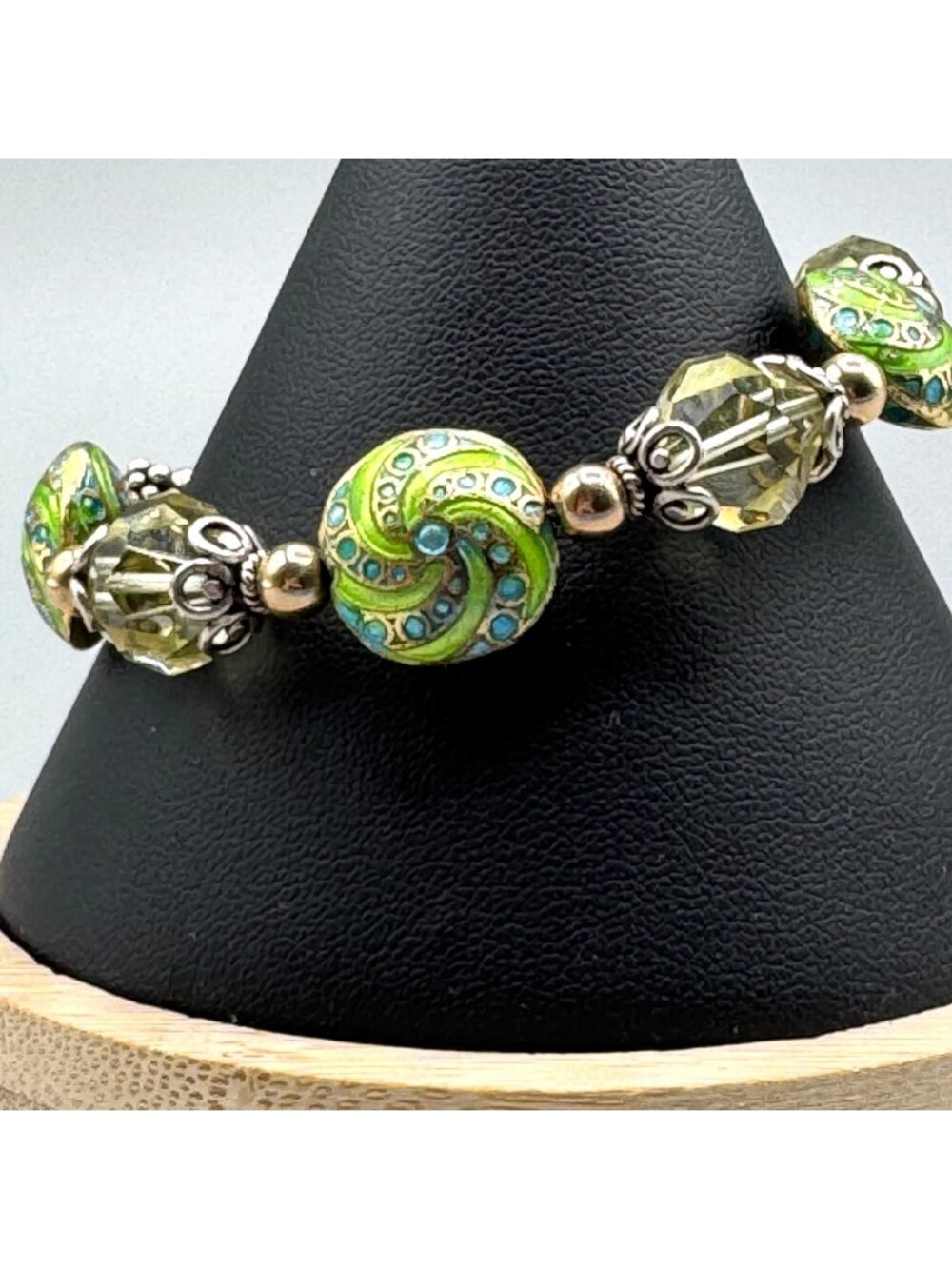 Sterling Silver Lime Green Blue Cloisonne Bracelet Faceted Crystal Beads 6.25